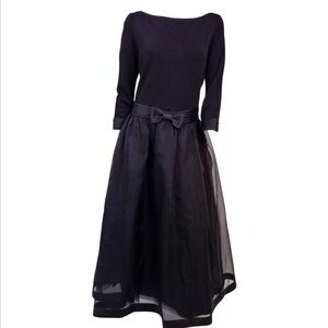 80s black Tadashi Organza and Jersey Gown tulle layers bow mid sleeve boat neck